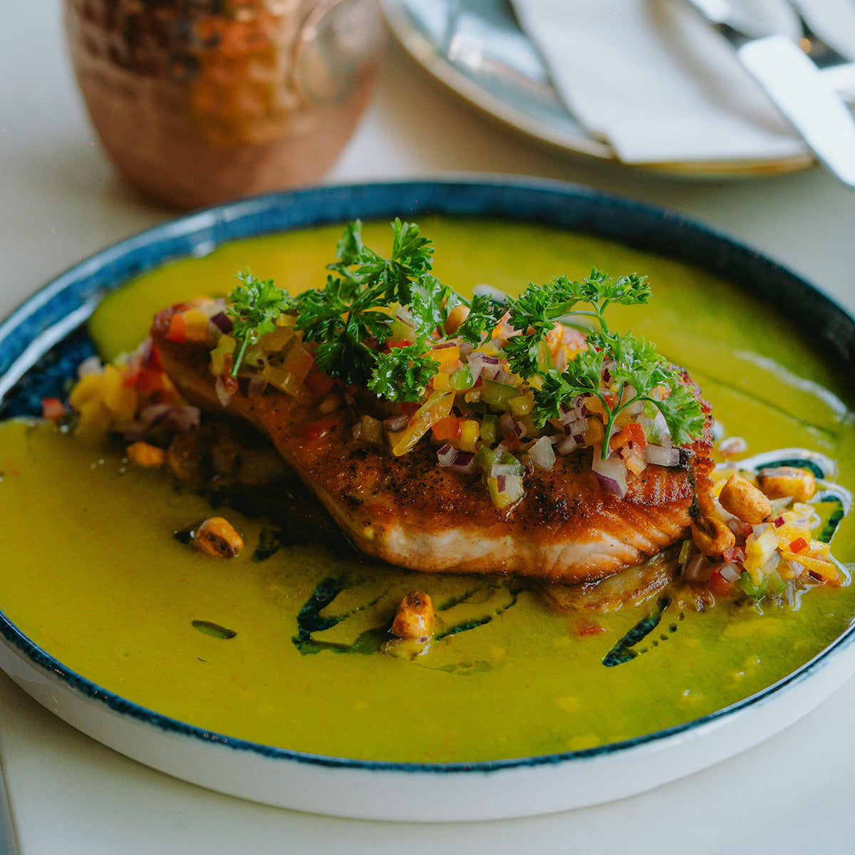 Baked Salmon with Herb Sauce and Parsley Garnish π πΏ